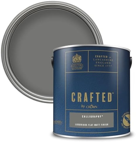 Crown CRAFTED Calligraphy Matt Emulsion Dark Grey Paint 2.5L | Dark Grey velvety flat matt finish for interior walls, ceilings & wood. Soft to touch, hides imperfections, low VOC