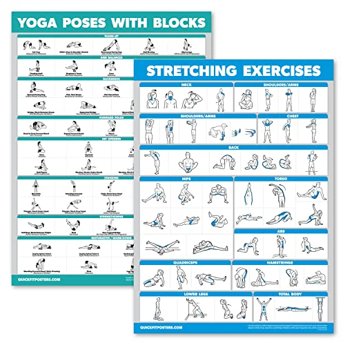 2er-Pack – Yoga Block Posen + Stretching Übungsposter Set – Yoga Positionen mit Blöcken Diagramm – Set mit zwei Fitnessdiagrammen (18 x 24, laminiert)