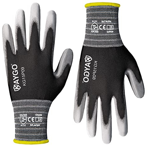 KAYGO 12 Paar Arbeitshandschuhe Dünn Tastsensibel, KG15P, Atmungsaktiv Nylon Liner mit PU Beschichtung, Guter Griff Leichte Schutzhandschuhe für Präzisionsarbeit, Montage, Lager (Schwarz, L, Gr 9)