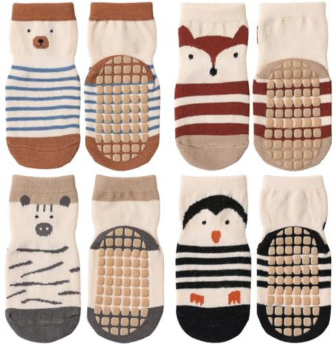 Simpeak Chaussettes Antidérapantes Bébé Lot de 4 Paires Unisexe Chaussette Thermiques Antidérapantes Enfant pour Printemps et Été (0-12 mois),Style 2, S