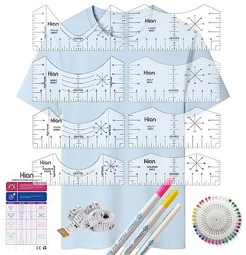 Hion 13pcs Transparent A2 T-Shirt Ruler Guide Set - PVC T-Shirt Printing Alignment Tool with Center Mark, Precise Scales, Pocket & Angle Guidelines - 10.6 Inches