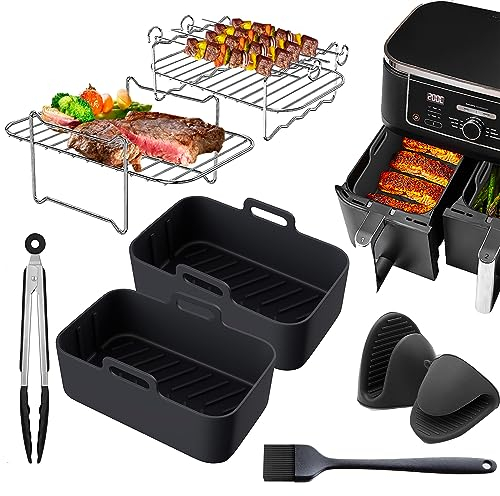 Ranedo Luftfritteusen-Zubehör, Heißluftfritteuse Zubehör für Ninja Dual AF300EU AF400EU und 7,6 l - 9,5 l Doppel-Luftfritteuse, Silikon-Luftfritteusen-Einsätze, Spieße und Gestell