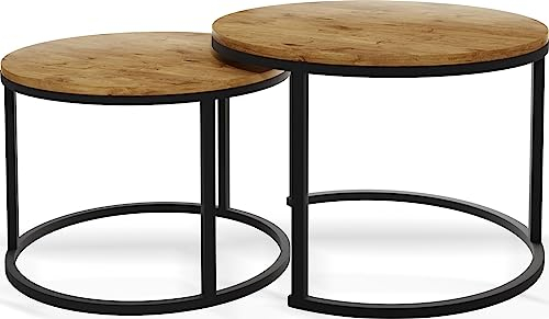 WFL GROUP Runde Satztische Couchtische - Loft Style Couchtische Metallbeine - 2 in 1 - Zwei Industrielle Getrennte Tische für Wohnzimmer - Eiche Lancelot