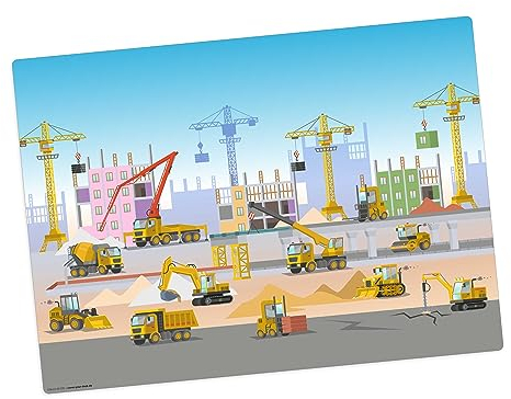 Tischset | Platzset abwaschbar – Baustelle mit vielen Fahrzeugen Bagger und Kran – 44 x 32 cm – aus hochwertigem Vinyl