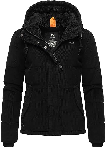 Ragwear Damen Cordjacke Winterjacke aus Kord mit kuscheligem Innenfutter und Kapuze Wuggys Black Gr. XL