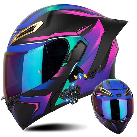 Klapphelm mit Bluetooth, Bluetooth Integralhelm Motorradhelm mit Doppelvisier, ECE Zertifiziert Lila Helm für Erwachsene Frauen Männer Hohe Qualität Helm, Roller-Mofa -Moped-Helm