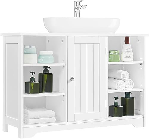 Abician Meuble sous-Lavabo Salle de Bain Bois avec 6 Etagères Réglables, 1 Placard 1 Porte 2 Niches, Armoire sous Évier Toilette Blanc