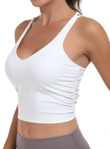 As Fairy Damen-Sport-BH, gerüscht, Criss Cross Back Crop Tank Top, Langer, kabelloser, gepolsterter Yoga-BH (Weiß,L)