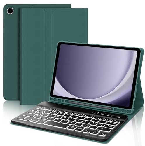 SENGBIRCH Samsung Galaxy Tab A9 8.7'' - Funda Teclado Tablet, 7 Colores Efecto Retroiluminación, Teclado Bluetooth Desmontable con Ranura para Bolígrafo, Verde Oscuro