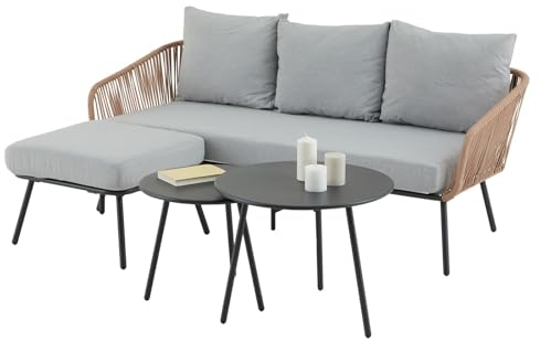 Gartenmöbel MYKONOS - Dreisitzer, Hocker, Beistelltische, Braun/Grau. Strapazierfähig, wasserabweisend mit Polyesterkissen. Ideal für Lounge, Balkon, Terrasse. Inkl. Lounge Sofa, Outdoor Möbel.