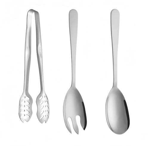 Ymeibe Juego de cuchara y tenedor de ensalada de acero inoxidable, utensilios de servir de metal con acabado suave y resistente, servidores de ensalada grandes para el hogar, cocina, fiesta, bufé