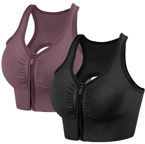 dowskwx 2er Pack Sport BH Damen Reißverschluss Vorne, Push Up Sports Bras ohne Bügel mit Abnehmbaren Gepolstert Stark Halt Joggen Yoga Fitness BHS (Schwarz Lila, M)