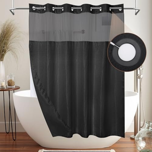 MEKOTRIN Rideaux de Douche sans Crochets - 74 x 71 inch Rideaux Douche Double Couche avec Doublure Imperméables et Tissu Gaufres, Rideaux Anti Moisissure, Motif Gaufré et Fenêtre en Maille(Noir)