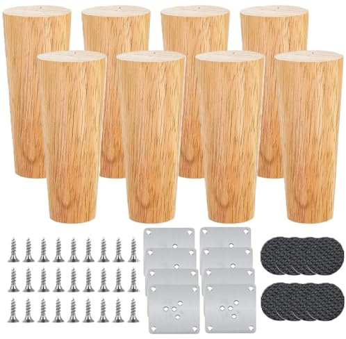 Kellegour 8 Pieds de Meuble en Bois,10cm Pieds de Canapé Bois Massif,Pieds de Table en Bois Conique Massif,Pieds de Meuble Bois avec Plaque de Montage Vis et Tapis Antidérapant