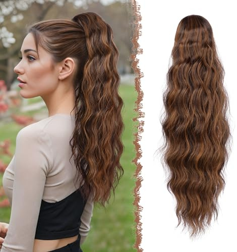 FESHFEN Lange Pferdeschwanz Haarteil Extensions, Lockig Wellig Haarextension Zopf mit Kamm Synthetik Haarverlängerung Ponytail für Frauen, 60 cm Dunkelbraun hervorgehoben Auburn