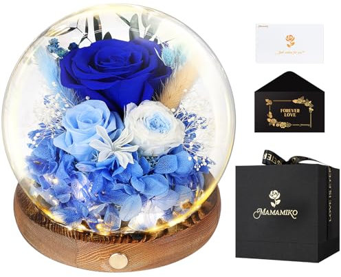 MAMAMIKO Rosa Stabilizzata Vera con Luci LED,Fiori Rose Eterna la Bella e la Bestia,Regalo per Lei,Idee Regalo San Valentino,Compleanno,Anniversario per Donna Fidanzata Mamma,Festa della Mamma(Blu)