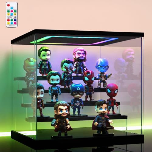 AZEYN Acryl Vitrine mit RGB LED Beleuchtung für Modellautos Figuren, 3/4/5/6 Stufen Mehrfarbige Licht Staubschutz Schaukasten für Sammlerfiguren (Schwarz, 5 stufen, 32x31x30cm)