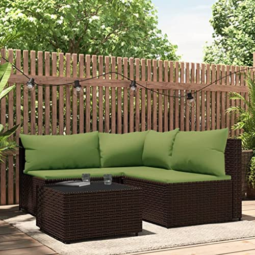 Hommdiy Gartenmöbel Set Balkonmöbel 4-TLG. Garten-Lounge-Set mit Kissen Poly Rattan Braun und Grün Eckteil + 2X Mittelteil + Tisch