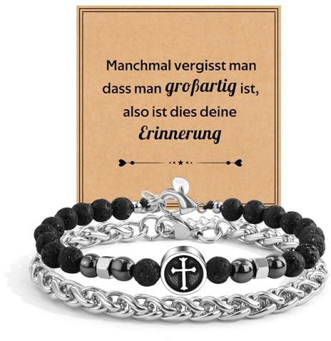 FANCIBAND Kreuz Armband Herren Perlenarmband Edelstahl Naturstein Armband Christliche Geschenke Konfirmation Kommunion Ostern Geburtstag Geschenke für Mann Sohn Enkel Neffe Bruder (Schwarz-A)