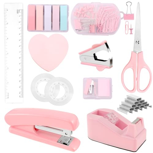 Büroartikel Set aus Kunststoff,Platzsparendes Schreibtischzubehör mit Entklammerer,Heftklammern,Heftklammerentferner,Tesafilm Abroller,Schere,Bandmaß, Allzweckmesser,Clip,Haftnotizen (Rosa)