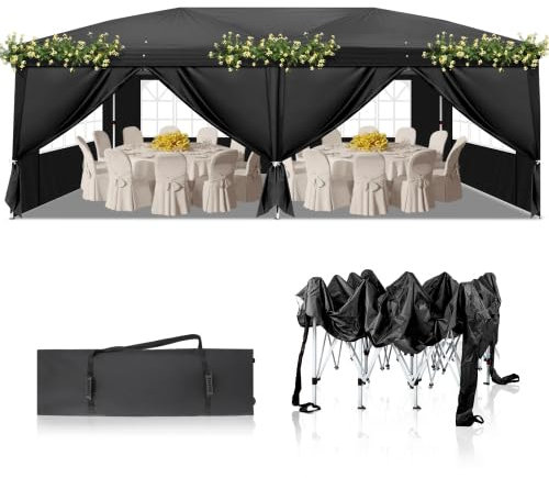 Bonnlo Tonnelle de Jardin Pliante 3x6 imperméable/Tente de Réception Pop-up Inclus Sac de Transport/Barnum Pliant 3x6 Jardin Exterieur Rapide à Installer/Gazebo pour BBQ et Événements,Noir