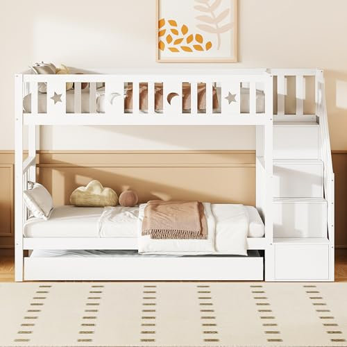 Moimhear Litera Infantil de Madera Maciza, con Escalera de Seguridad, Escalera de almacenaje, somier de láminas, Color Blanco (90x200cmx2+90x190cm(con Cama Nido))