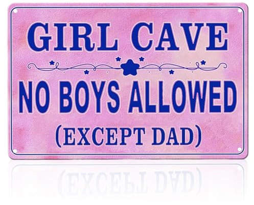 Girl Cave Sign – No Boys Allowed (Except Dad) – Cute Room Decor for Teen Girls, Pink Metal Wall Signs, Fun Bedroom Accessories for Girl, 8 x 12 Inches No Boys Allowed Sign for Girls