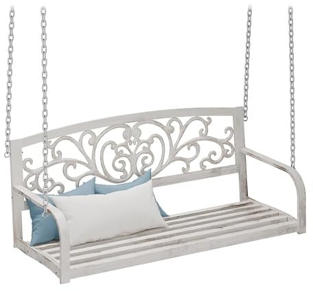Relaxdays Hängebank, 2-Sitzer, Metall, HxBxT: 190x133x55 cm, Schaukelbank Outdoor, Vintage Gartenschaukel, weiß/Bronze