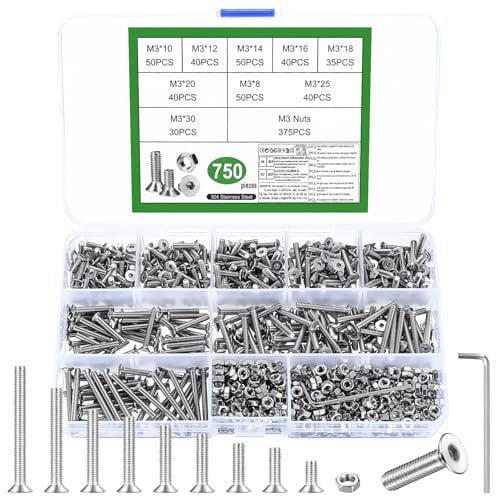 750 Pcs M3 Countersunk Bolts and Nuts Set, Small Stainless Steel Nuts and Bolts, Flat Head Hex Socket Head Cap Screws Set, Machine Screws Assortment Kit (750pcs M3)