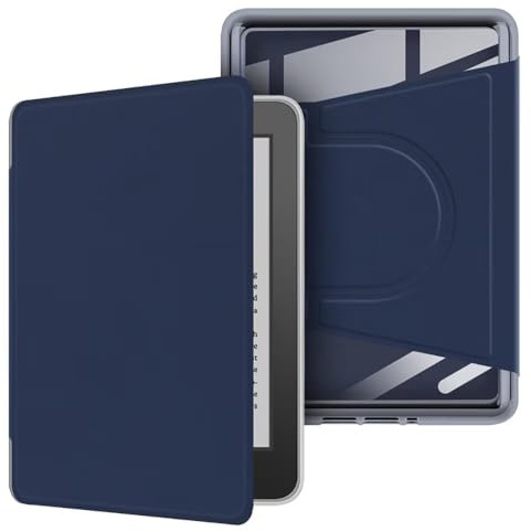 Custodia magnetica staccabile girevole a 360° con supporto e accensione e spegnimento automatico per Paperwhite 12a generazione da 7 (versione 2024), cover posteriore trasparente, blu navy