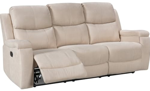 Lovesofas Beige 3-Seater Recliner Sofa | 3 Positions & 160° Manual Recline | Retractable Cup Holders | Durable, Soft Fabric & Pillow-Topped Arms | Durable, Easy Clean Upholstery |