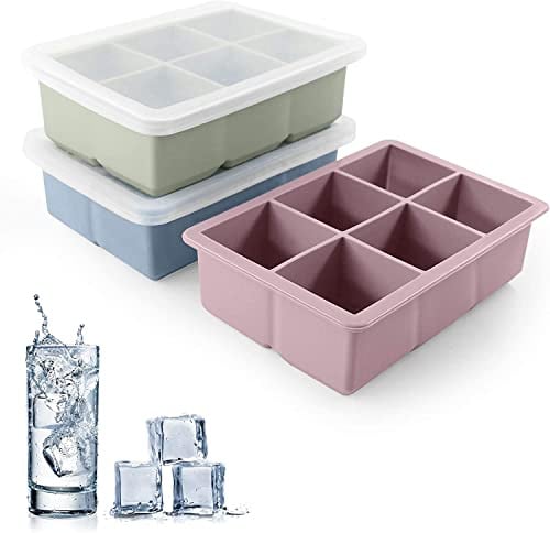 Jisile Eiswürfelform Silikon 3er Set – 6 Fächer XL 5cm Eiswürfel mit Auslaufsicherem Deckel | BPA-freie Lebensmittelechte Eiswürfelbehälter für Whisky Gin Tonic Cocktails | Spülmaschinenfest
