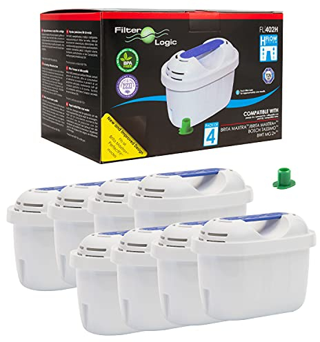 FilterLogic FL402H | Lot de 8 - Cartouche Filtrante compatible avec Brita Maxtra+ Plus Filtre à Eau pour Carafe fill&Enjoy Marella Style Flow Elemaris Fun - Tassimo Machines Cafetière