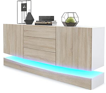 Vladon Sideboard City, Made in Germany, Weiß matt/Eiche sägerau inkl. LED - Moderne Kommode für Ihr Wohnbereich (178 x 72 x 38 cm)