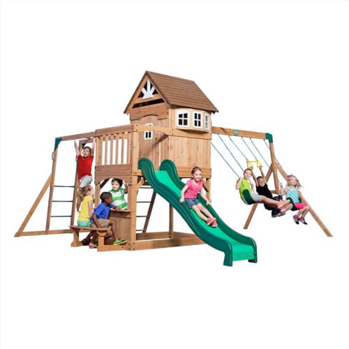 Backyard Discovery Montpelier | Outdoor Playground for Kids, Garden Play Equipment for Children | All Cedar Wood Playset/Climbing Frame Complete with Slide, Two Belt-Swings & Trapeze Bar