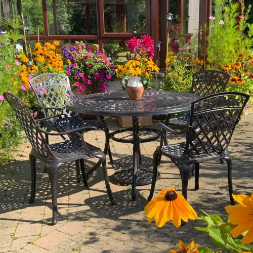 Lazy Susan – Alice Gartentisch rund | 4 Rose Gartenstühle | Wetterfestes Gartenmöbel Set | Aluminium | Farbe Bronze Antik | Terrakotta Kissen | 3-jährige Garantie