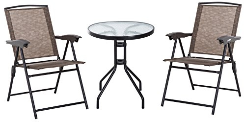 Outsunny Conjunto Mesa y 2 Sillas Muebles para Jardín Exterior Patio Terraza Silla Plegable Respaldo Reclinable a 4 Niveles Texteline Marco Acero Marrón
