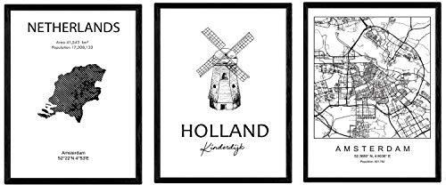 Pack von Plakaten und Denkmäler Ländern. Amsterdam Stadtplan, Karte Niederlande Kinderdijk Denkmal. A4-Format
