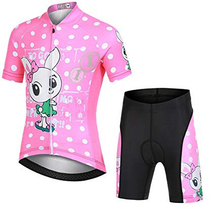 LSHEL Niños Niñas Secado Rápido Maillot de Ciclismo Conjunto de Jersey Manga Corta + Pantalones Cortos Transpirable Ciclismos Traje, Conejo rosa, 11-12años/EU: XL(Etiqueta: XXL)