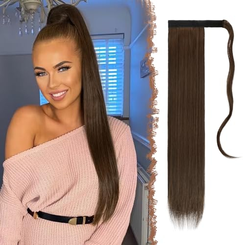 FESHFEN Lang Glattes Pferdeschwanz Haarteil Synthetik Haarverlängerung Zopf Haar Extension für Damen Mädchen, Dunkelbraun & Rotbraun 70 cm