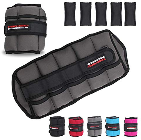 TrainHard 1 kg - 2.5 kg Verstellbare Gewichtsmanschetten mit 5 trennbare Gewichtstaschen für Hand- und Fußgelenke 2er Set - in 4 Varianten Gewichts and 5 Farben Laufgewichte (2 KG - Grau)