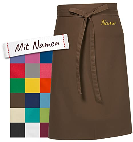 LALALO Vorbinder Schürze mit Name, hochwertig bestickt, Personalisierte Bistroschürze/Kochschürze für Damen und Herren, Malschürze/Schürze zum basteln, kochen, garten oder werken (Braun, 80x100 cm)