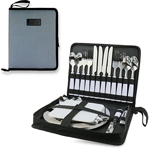 Camping-Besteck-Set für 2 oder tragbares Besteck-Set für 4, 11-tlg. Picknick-Set für 2 oder 23-tlg. Picknick-Set für 4, lebensmittelechte SS-Camping-Teller und SS-Besteck (4 People, Grey - 4)