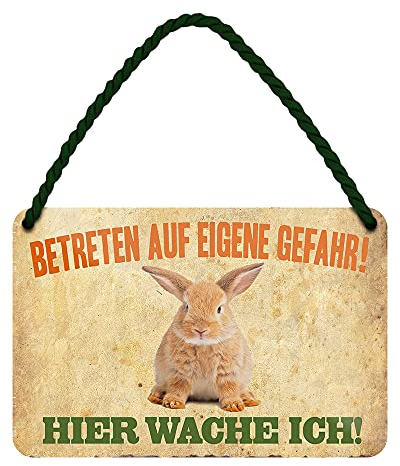Hier wache ich Kaninchen Blechschild - Deko Metallschild mit Kordel und Saugnapf - Hängeschild für Kaninchenstall - Kaninchenhaus Dekoration Zubehör - lustiges Hinweisschild - Warnschild - 18x12cm