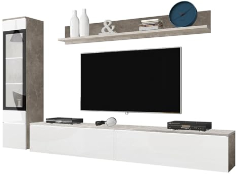 Mirjan24 Wohnwand Doppo I, Schrankwand, griffloses Öffnen, Fernsehschrank, Anbauwand, Mediawand, Wandregal, TV-Lowboard, Hängevitrine (Beton/Weiß Hochglanz, mit weißer LED Beleuchtung)