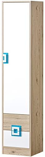 Marmex Nico N5 Eintüriger Kleiderschrank - Hochwertige Möbelbeschläge - Kleiner Kleiderschrank - Kleiderschrank für Jugend, Kinderzimmer - Eiche Hell + Weiß + Türkis - 40x190x40cm