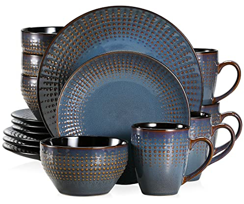 vancasso serie Guto Vajilla de Cerámica 16 pcs -4Tazas/ Tazones y Platos de Postre, Platos Llanos, para 4 Personas, Vajilla Vintage con Forma de Gota de Agua en Relieve-Gris azulado oscuro