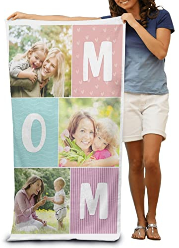 Naispanda Personalisiertes Foto Badetuch, Personalisiertes Strandtuch, Gestalte Dein eigenes Badetuch für Mama, Oma, Badetuch Personalisiert, Personalisiertes Handtuch für Muttertagsgeschenk