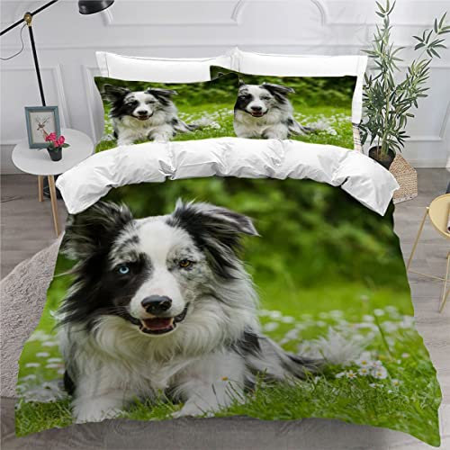 NUYSP Bettbezug Set Border Collie Bettwäsche 135x200cm mit 2 Kissenbezug 3D Druck Haustier Hund Bettwäsche Set Mikrofaser Bettbezüge mit Reißverschluss für Kinder Teenager Zimmer Dekor