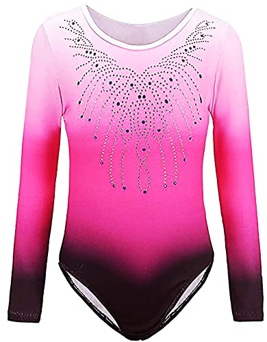 FINGER TEN Gymnastikanzug Mädchen Kurzarm Langarm Kinder Ballettanzug Gymnastik Training Gymnastikbody Trikotanzug Tanz Kleid Ballettkleid (Fuchsia, Tag 8A (7-8 Jahre))